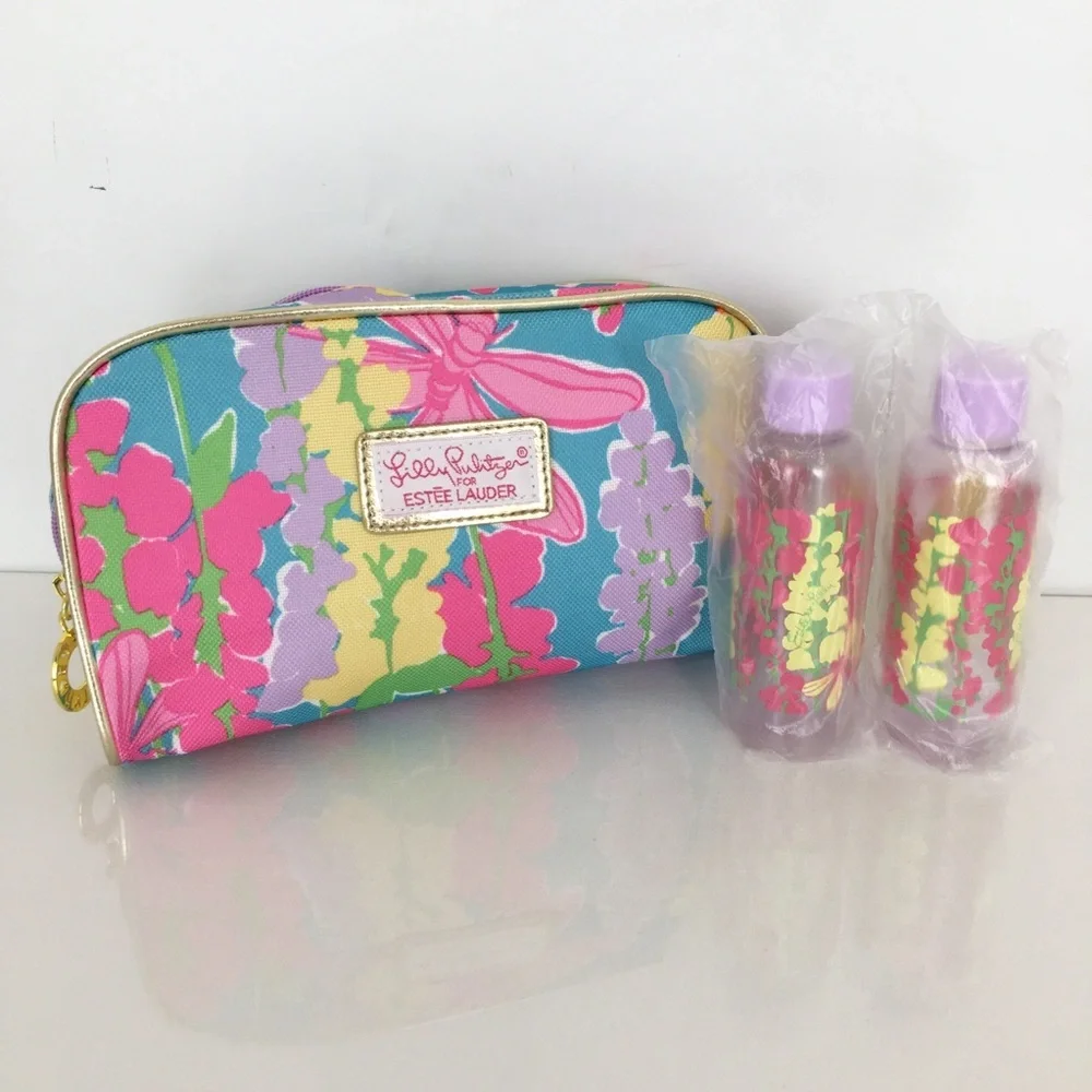 Lilly Pulitzer x Estée Lauder Makeup/Toiletry Cosmetic Bag Blue Pink Floral NEW